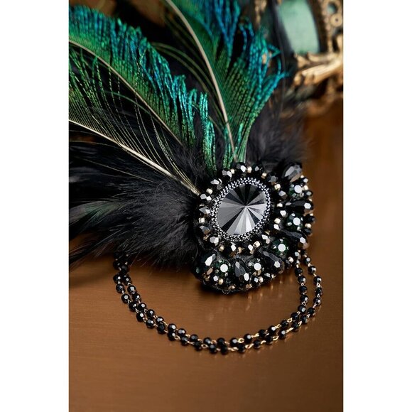 Vintage Feathers Beads Flapper Headband Green 1920s Gatsby Costume Accessory